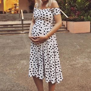 Maternity White Polka Dot Off the Shoulder Dress